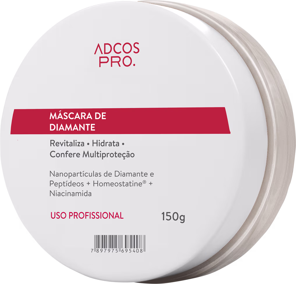 Máscara de Diamante da linha Adcos Pro. Embalagem branca redonda com rótulo vermelho e branco. Contém informações sobre os ingredientes e benefícios do produto, como revitalização, hidratação e multiproteção.