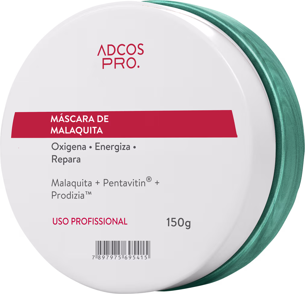 Máscara de malaquita da linha Adcos Pro. Embalagem branca com detalhes em vermelho, contendo 150g do produto. Destaca os benefícios de oxigenar, energizar e reparar os cabelos.
