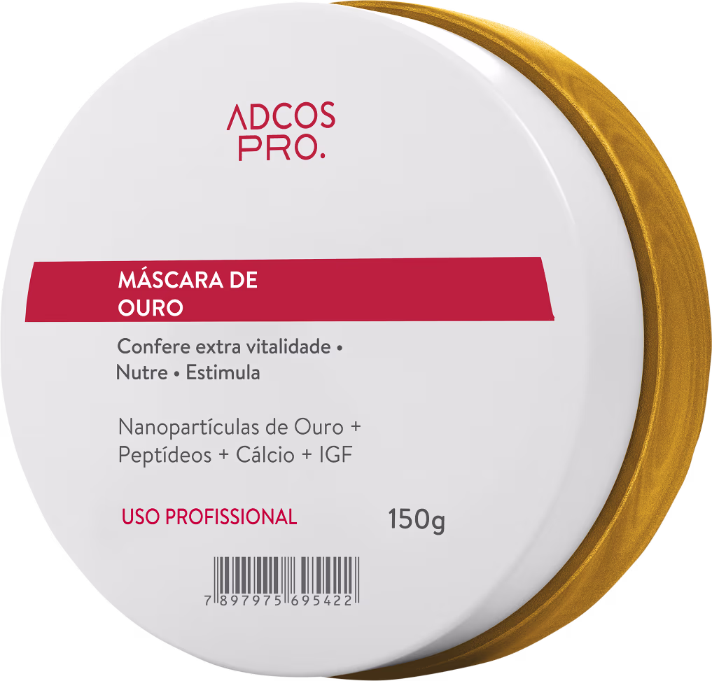 Máscara de ouro da linha Adcos Pro. Embalagem branca com detalhes em vermelho e dourado. Contém informações sobre os ingredientes e benefícios do produto, como nanopartículas de ouro, peptídeos e cálcio.
