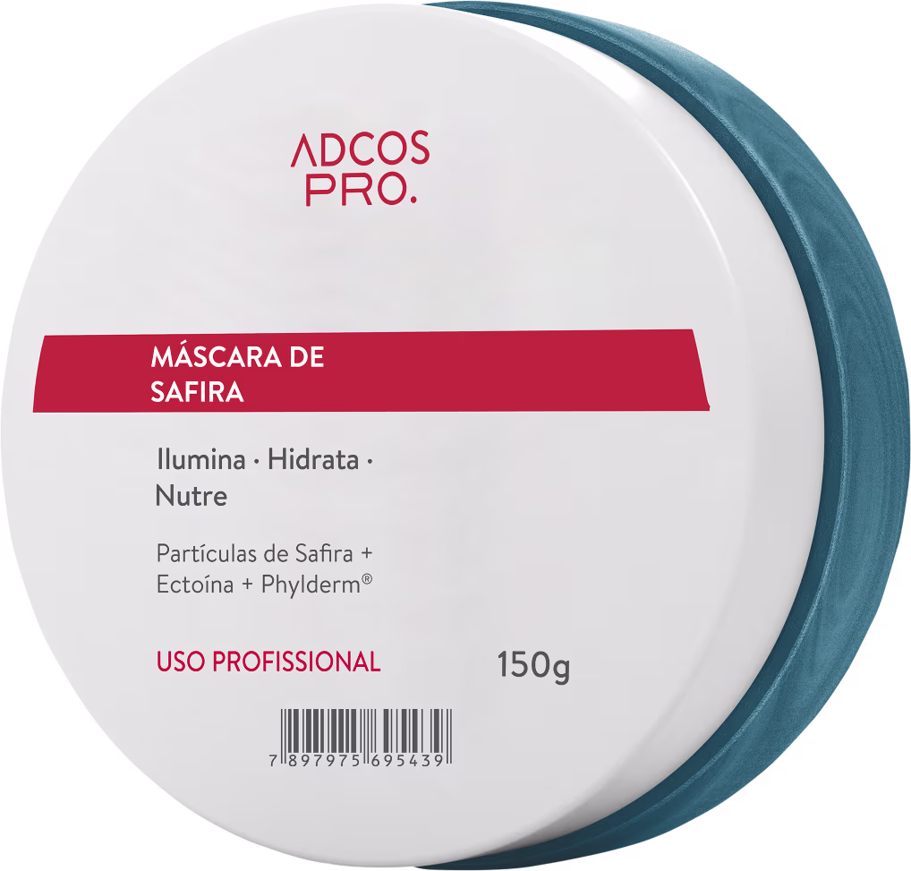 Máscara de safira da linha Adcos Pro. Embalagem redonda branca com detalhes em vermelho e azul. Contém informações sobre os benefícios do produto, como iluminar, hidratar e nutrir os cabelos.