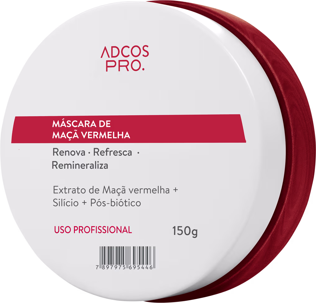 Máscara de maçã vermelha da linha Adcos Pro. Embalagem circular branca com rótulo vermelho, contendo 150g do produto. Destaca extrato de maçã vermelha, silício e pós-biótico como ingredientes.