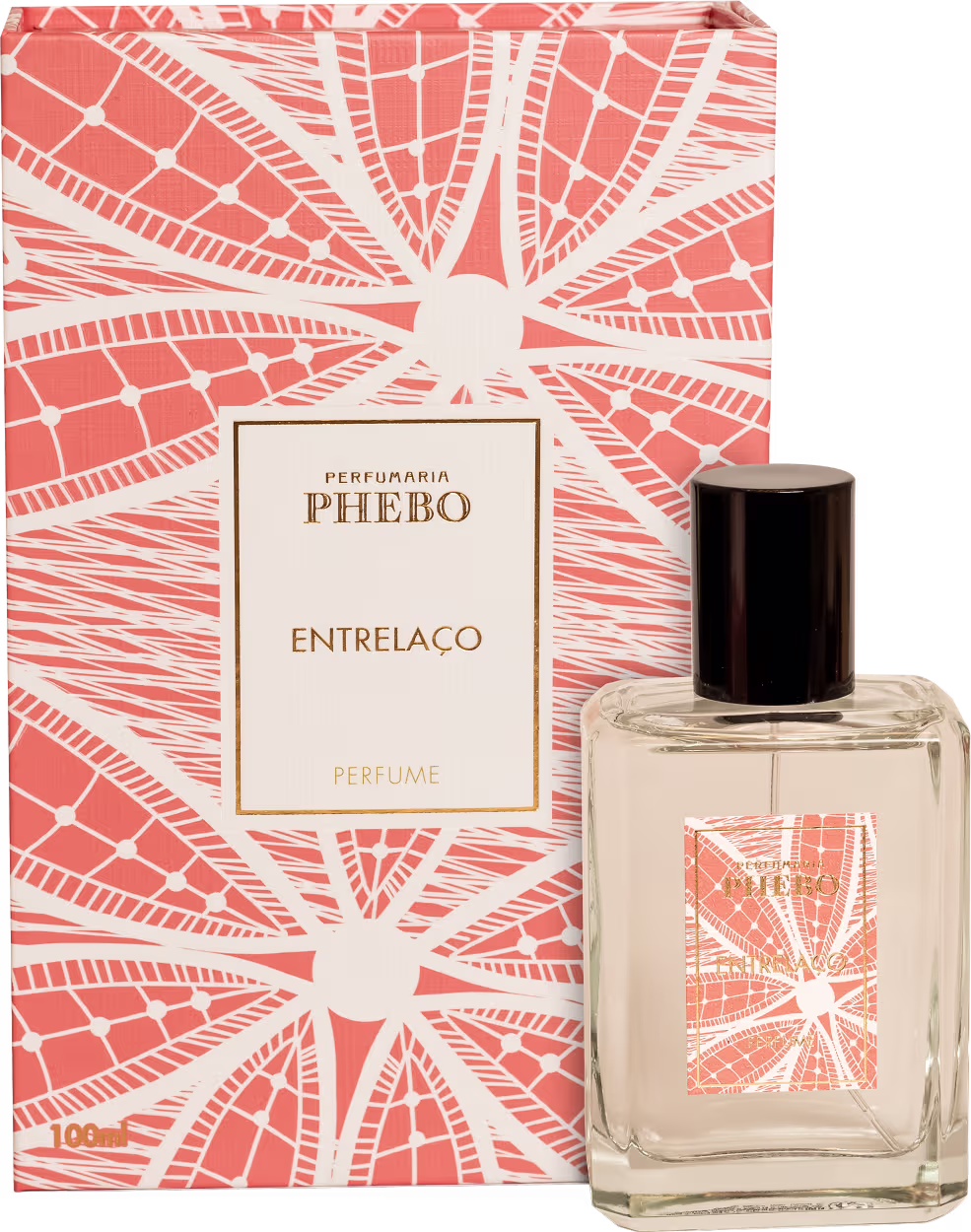 Perfume Entrelaço da marca Phebo em frasco de vidro com rótulo dourado e embalagem de papelão com padrão geométrico em tons de laranja.