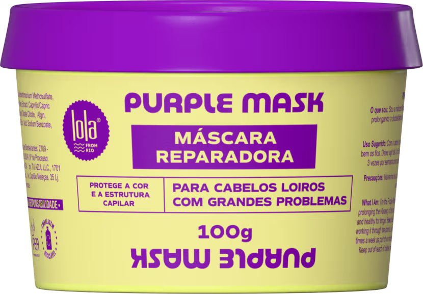 Pote de máscara capilar roxa da marca Lola From Rio, com rótulo amarelo e roxo indicando "Purple Mask" e "Mascara Reparadora" para cabelos louros com grandes problemas.