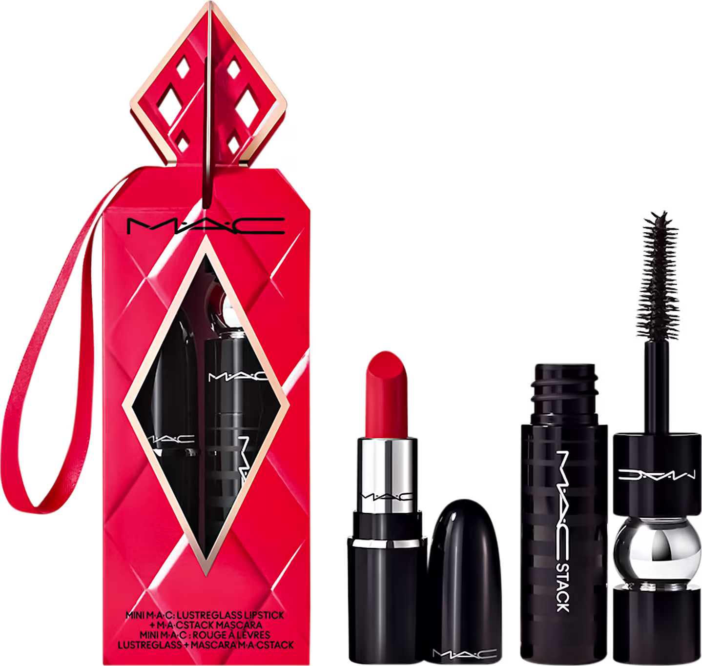 Conjunto de produtos de maquiagem M·A·C, incluindo um batom vermelho, máscara preta e esmalte em embalagem vermelha com detalhes geométricos pretos e brancos.