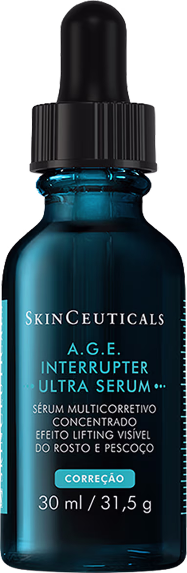 Frasco conta-gotas de 30 ml com sérum multicorretivo concentrado da linha A.G.E. Interrupter Ultra da SkinCeuticals, com efeito lifting visível, em embalagem preta e azul.