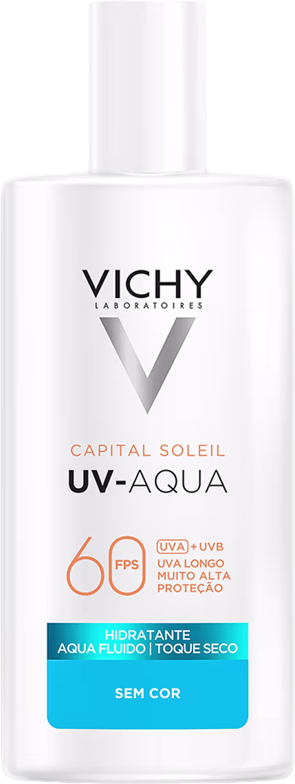 Frasco branco da linha Capital Soleil UV-Aqua da Vichy, com proteção solar FPS 60 e indicação de hidratante, aqua fluido e toque seco, sem cor.