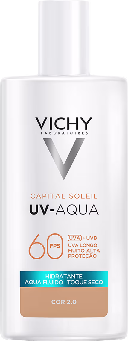 Frasco branco da linha Capital Soleil UV-Aqua da Vichy, com proteção solar FPS 60 e indicação de hidratação e toque seco. Rótulo com informações sobre a formulação e a cor 2.0.