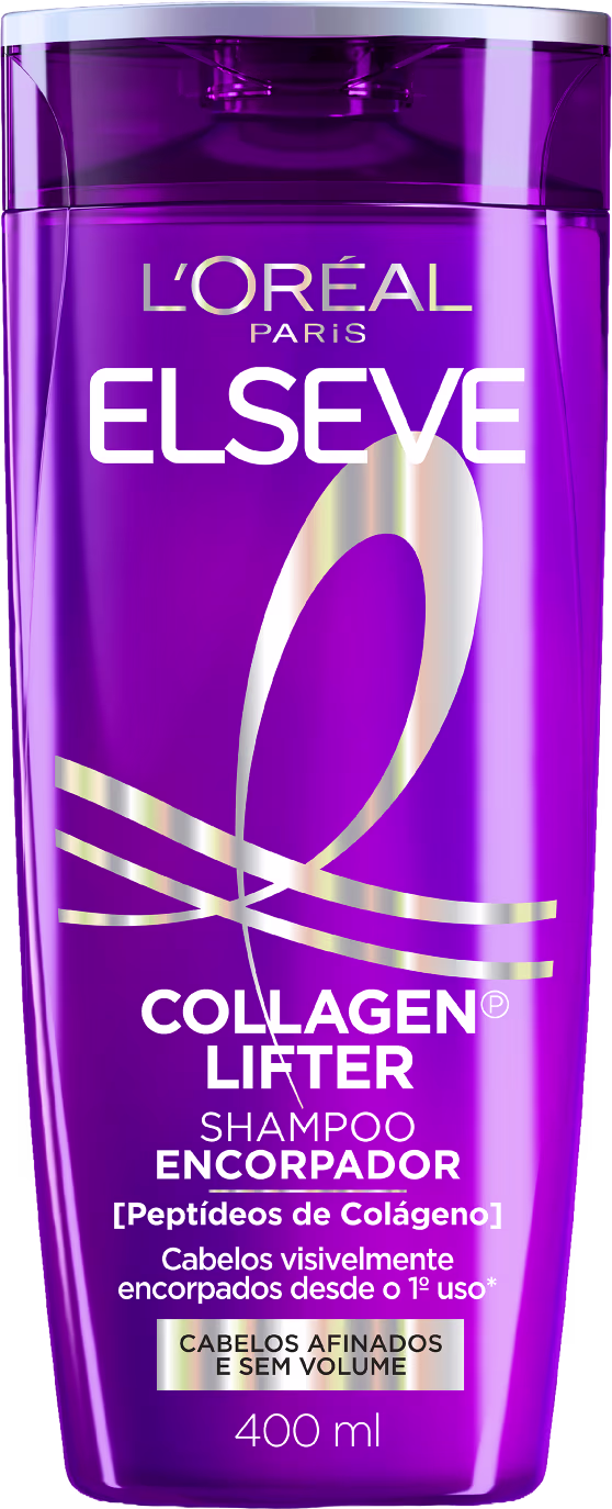 Frasco de shampoo Elseve Collagen Lifter da L'Oréal Paris, com embalagem roxa e detalhes em dourado, contendo 400 ml do produto.
