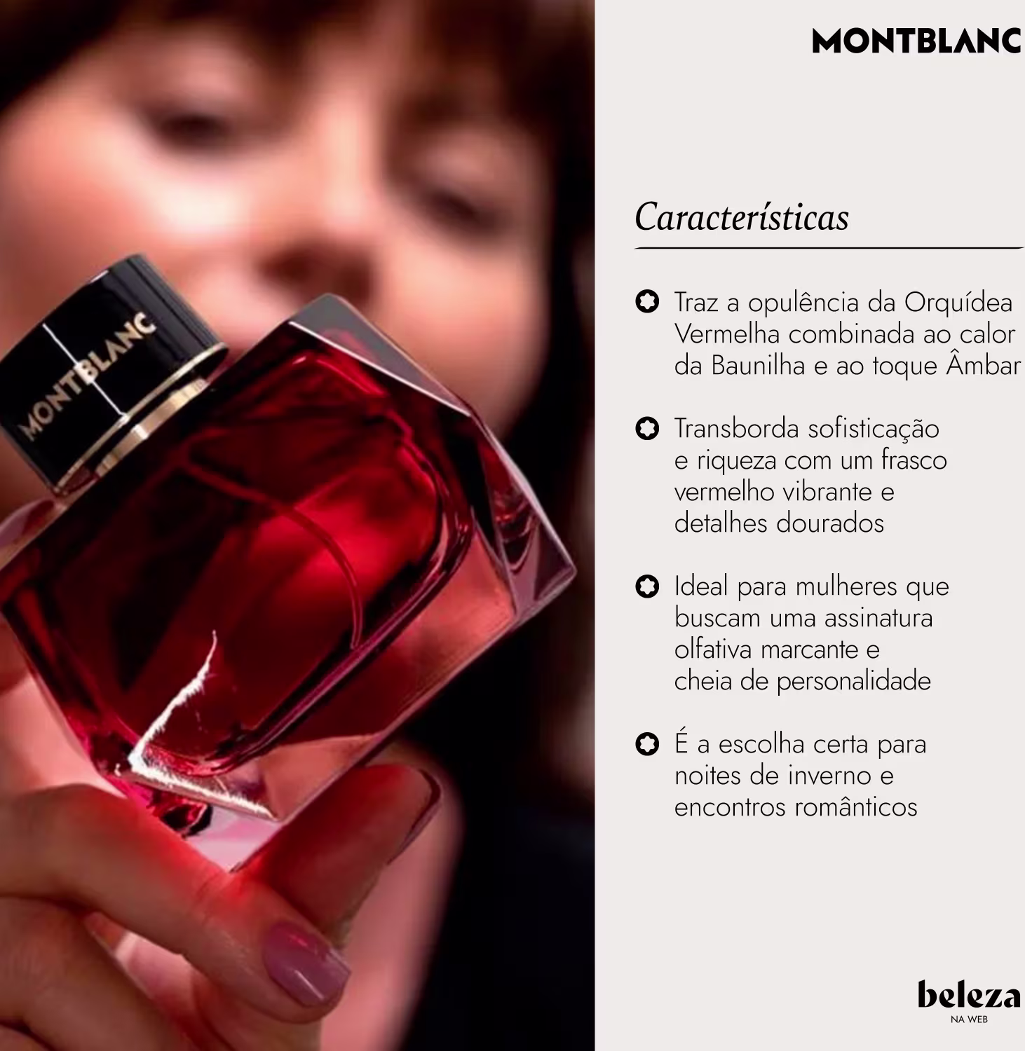 O texto descreve suas características, como a opulência da orquídea vermelha combinada ao calor da baunilha e ao toque de âmbar, além de sua sofisticação e riqueza em um frasco vermelho.