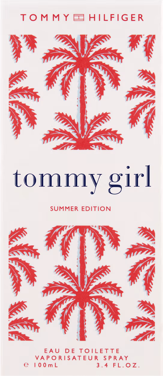 Frasco de perfume Tommy Girl da marca Tommy Hilfiger, com design de palmeiras vermelhas em fundo branco. Rótulo com o nome "tommy girl" e indicação de "Summer Edition".