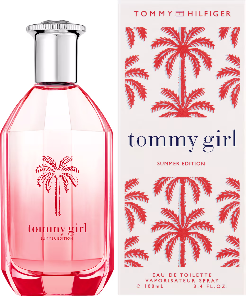 Frasco de perfume Tommy Girl Summer Edition da marca Tommy Hilfiger, com embalagem branca e vermelha exibindo estampa de palmeiras. Produto de 100 mL, com rótulo destacando o nome "tommy girl" e a descrição "Summer Edition".