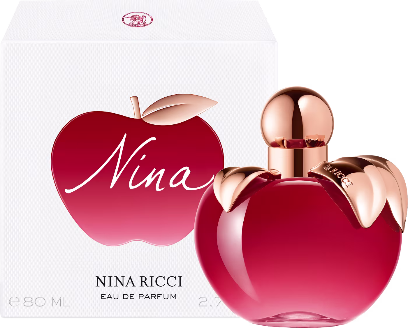 Frasco de perfume em formato de maça, com tampa dourada, em cor vermelha brilhante. Rótulo com nome da marca "Nina Ricci" visível.