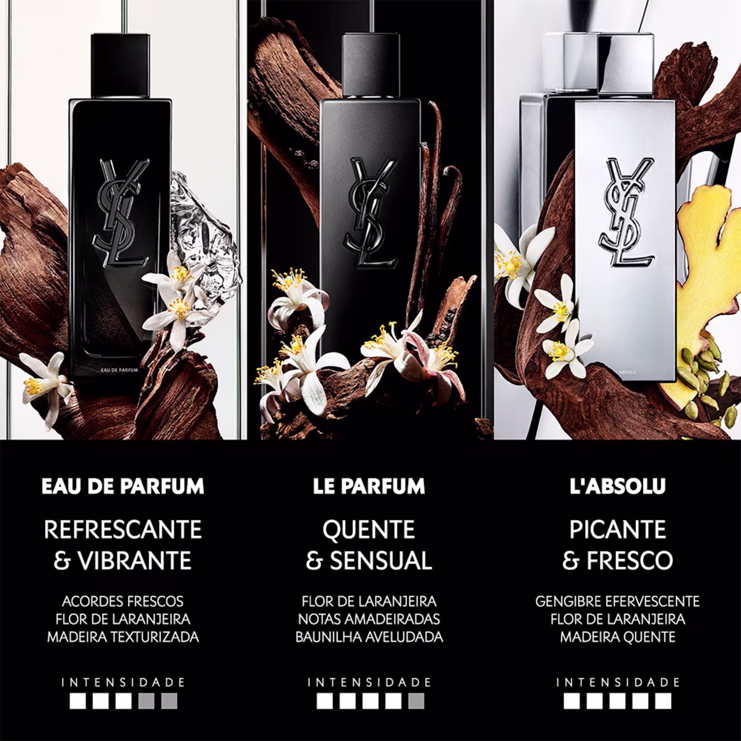 Frasco de perfume de design minimalista prateado, com o logotipo da marca Yves Saint Laurent em destaque. A embalagem possui uma forma geométrica simples e elegante, com uma tampa destacada no topo.