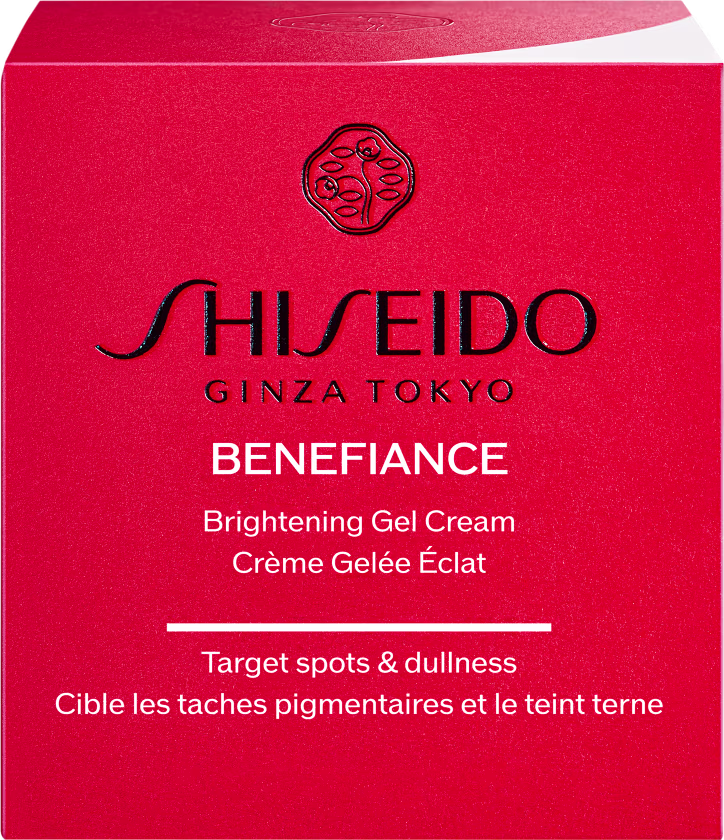 Frasco de creme facial Shiseido Benefiance, com tampa dourada e textura cremosa, apresentado em fundo preto. O rótulo exibe o nome da marca e do produto em letras pretas.