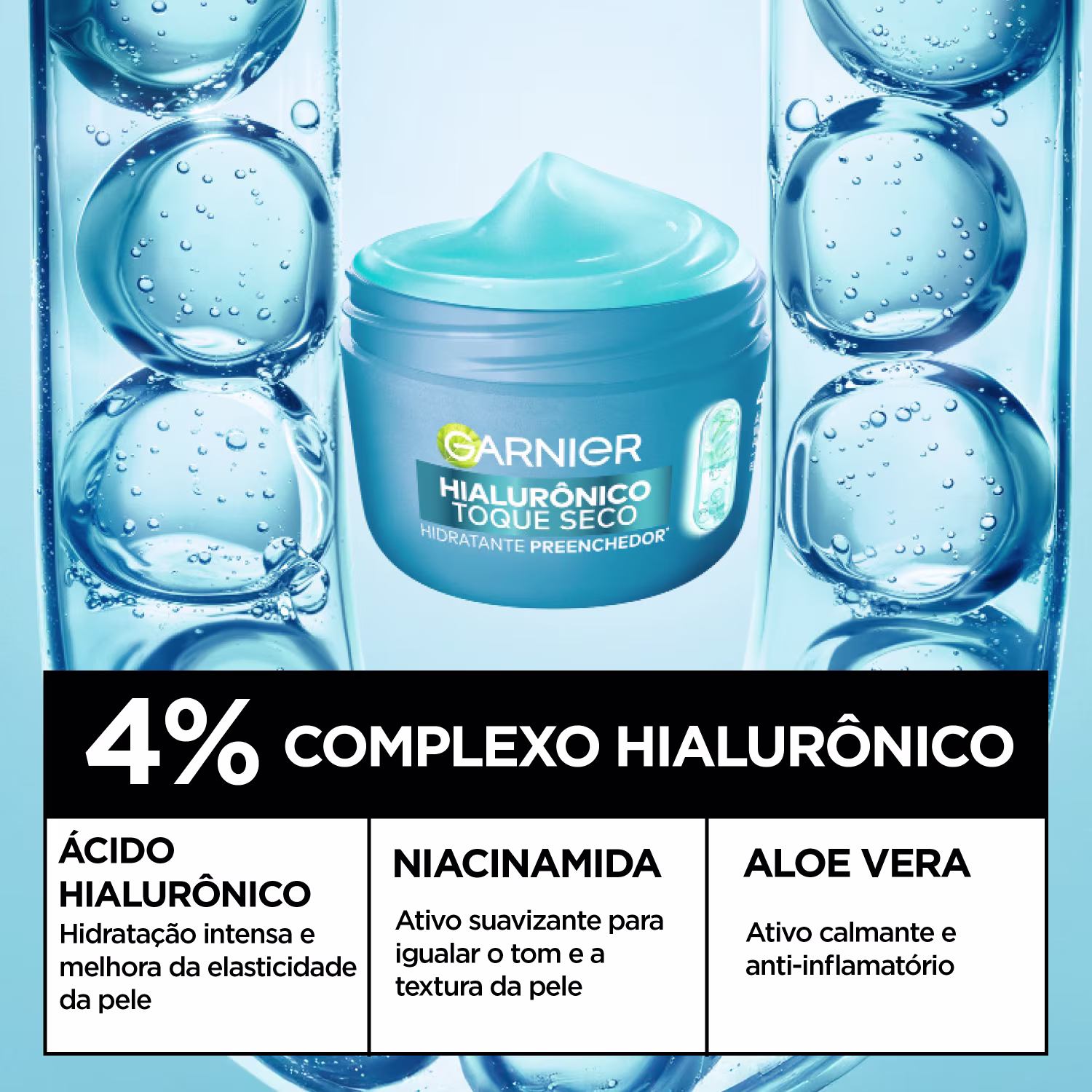 Garnier Hialurônico Toque Seco, com tampa azul e rótulo destacando o nome do produto e a promessa de hidratar profundamente a pele.