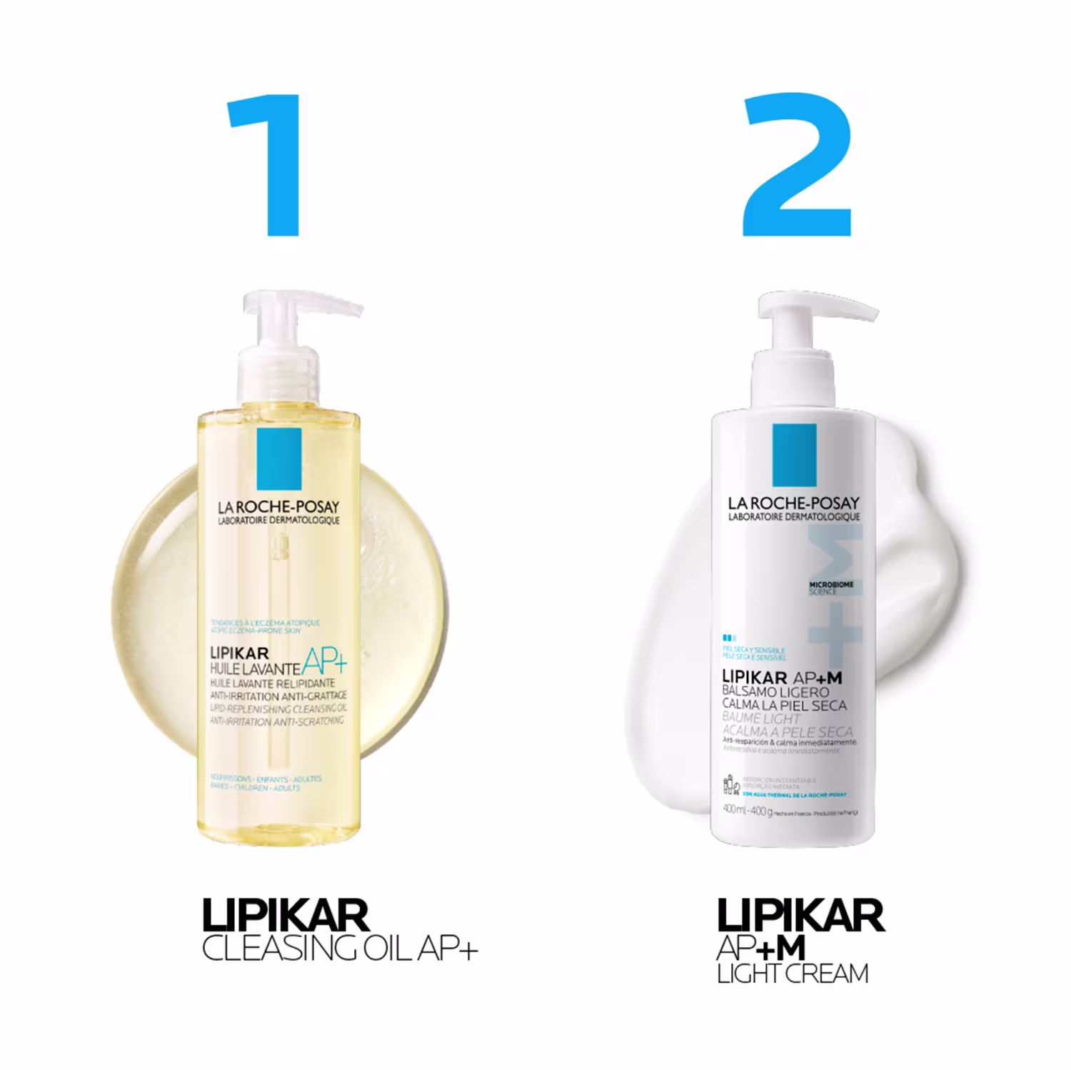 1. Lipikar Cleansing Oil AP+, item de perfumaria da marca La Roche-Posay, com frasco de bomba doseadora.
2. Lipikar AP+M Light Cream, item de perfumaria da marca La Roche-Posay, com frasco de bomba doseadora.