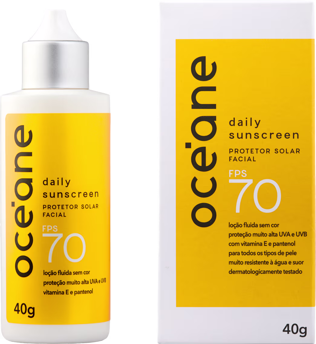 Frasco de protetor solar facial diário da marca Océane, com FPS 70, embalagem branca e amarela, contendo 40g do produto.
