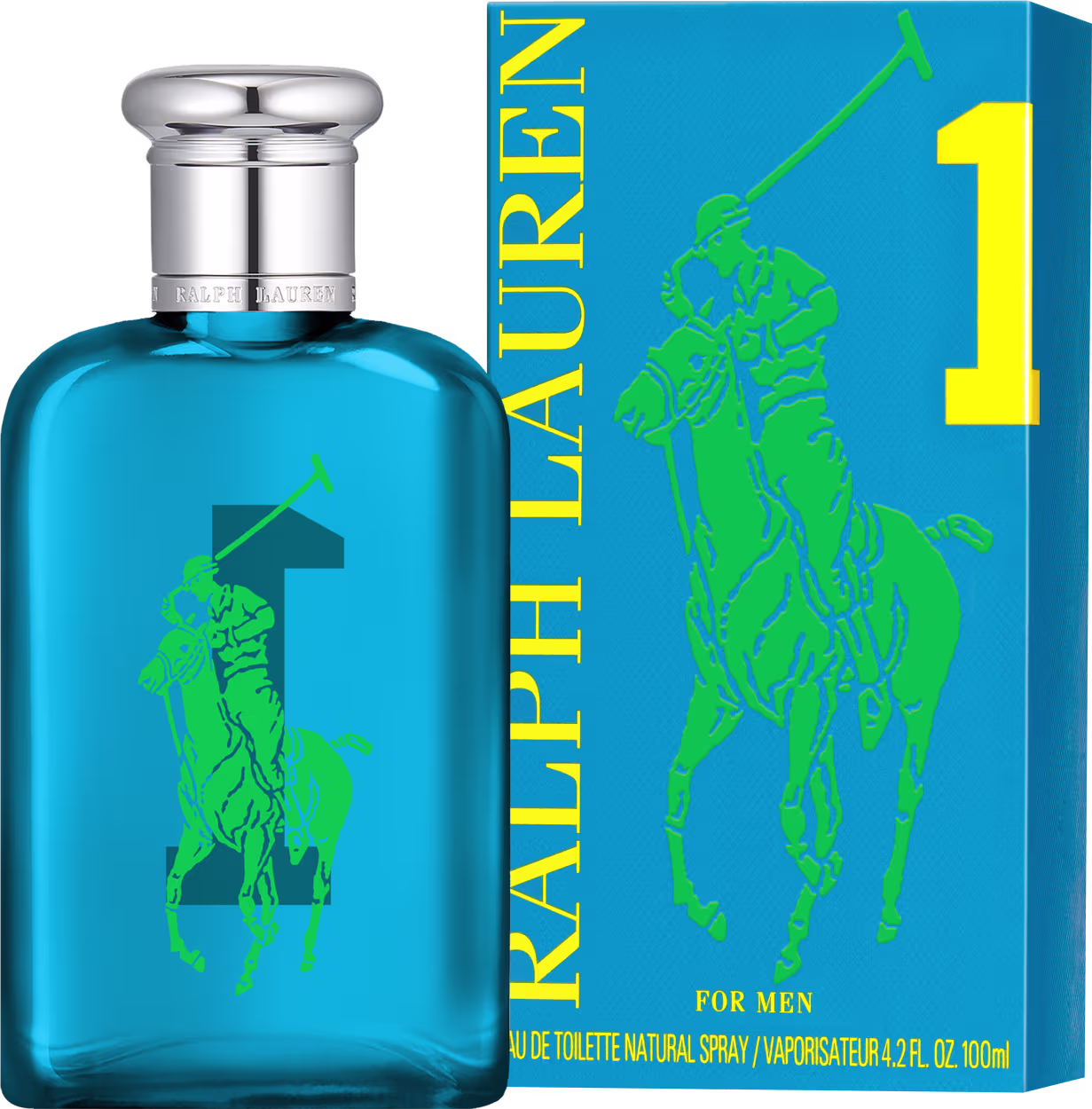 Frasco de perfume Big Pony 1 azul com logotipo verde da marca Ralph Lauren em destaque. Embalagem de vidro com tampa prateada, apresentando design elegante e minimalista.