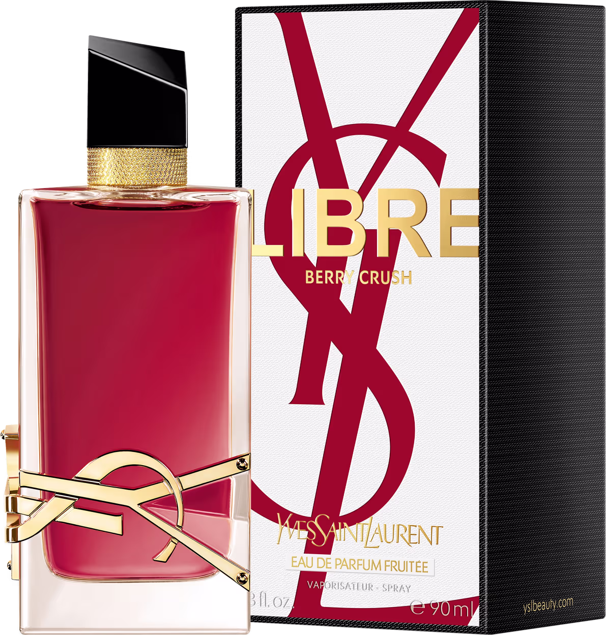 Frasco de perfume vermelho com detalhes dourados, embalado em caixa branca com logotipo e texto "LIBRE BERRY CRUSH" da marca Yves Saint Laurent. O frasco possui formato retangular com tampa preta e dourada.