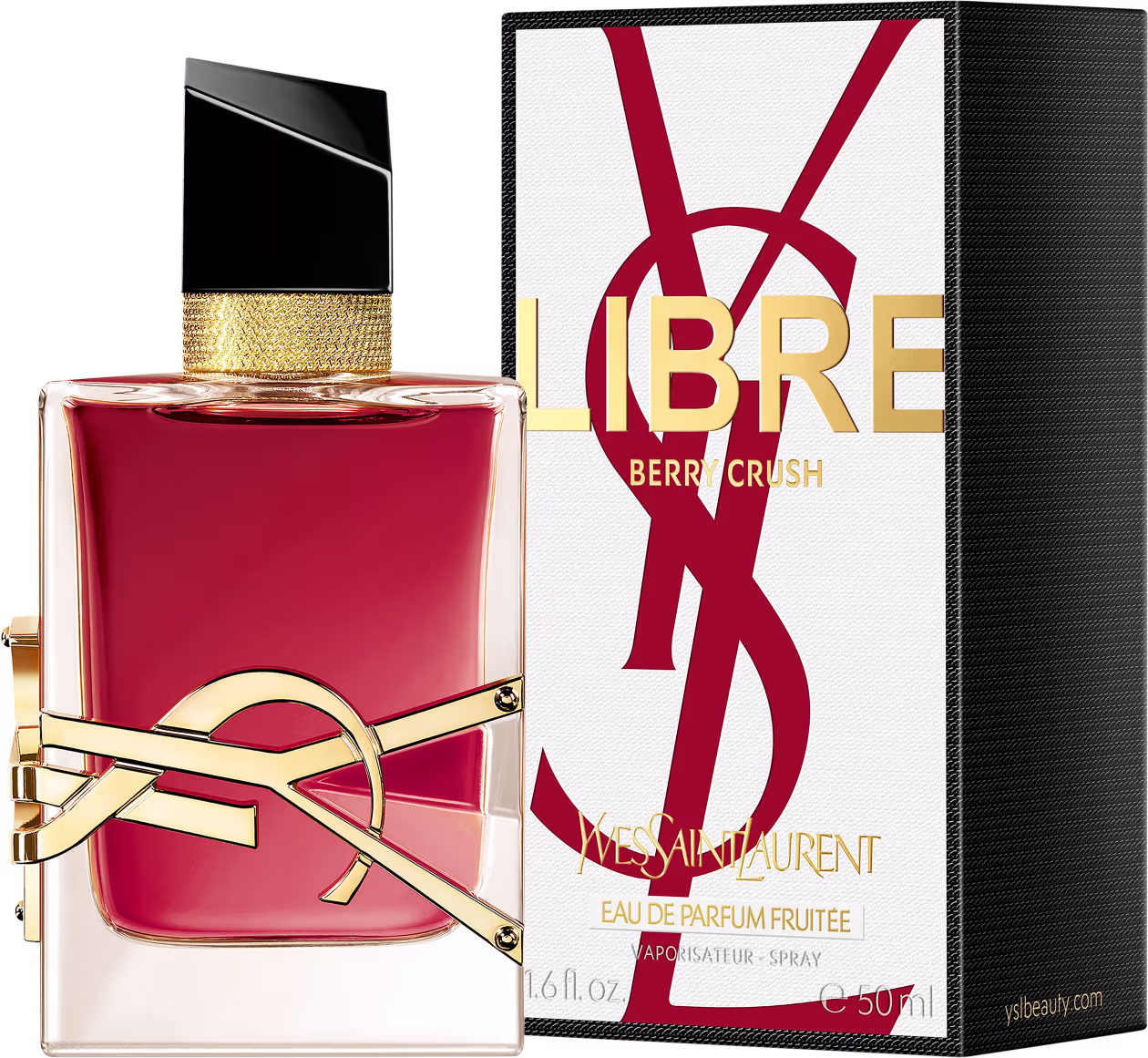 Frasco de perfume vermelho com detalhes dourados, embalado em caixa branca com logotipo e texto "IBRE Berry Crush" da marca Yves Saint Laurent. Produto de fragrância frutada.
