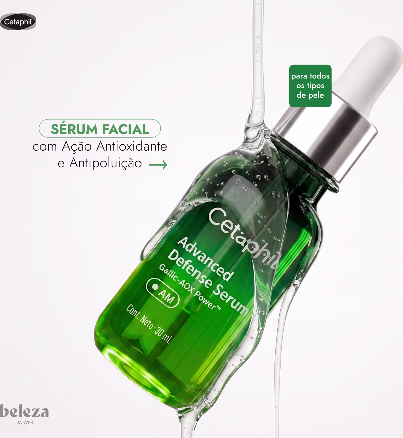 Frasco de vidro verde com conta-gotas contendo "Cetaphil Advanced Defense Serum" com ação antioxidante e antipoluição, indicado para todos os tipos de pele.