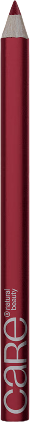 Lápis de maquiagem vermelho da marca Care Natural Beauty, com corpo cilíndrico e ponta afilada, em fundo preto.