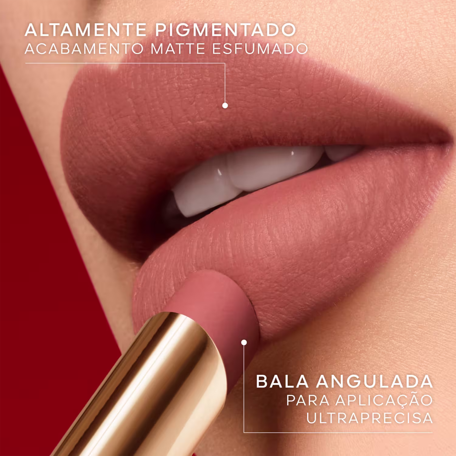 Imagem mostra um item de perfumaria com texto em português: "ALTAMENTE PIGMENTADO", "ACABAMENTO MATTE ESFUMADO" e "BALA ANGULADA PARA APLICAÇÃO ULTRAPRECISA".