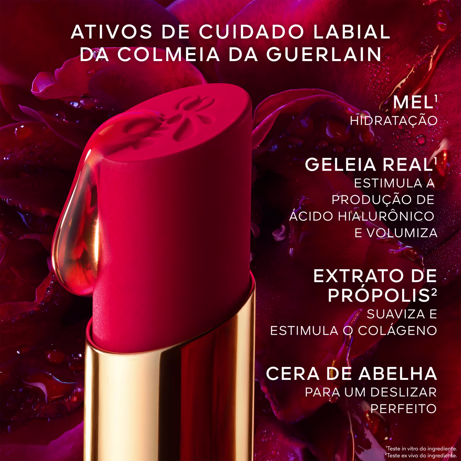 Ativos de cuidado labial da Colmeia da Guerlain. Mel hidratação, geleia real estimula produção de ácido hialurônico e volumiza, extrato de própolis suaviza e estimula colágeno, cera de abelha para deslizar perfeitamente.