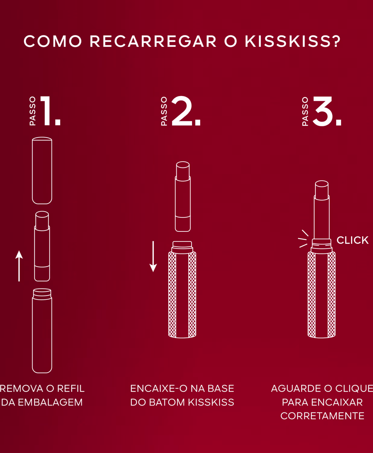 Instruções em 3 passos para recarregar o item de perfumaria: 1. Remover o refil da embalagem; 2. Encaixar na base do item de perfumaria; 3. Aguardar o clique para encaixar corretamente.