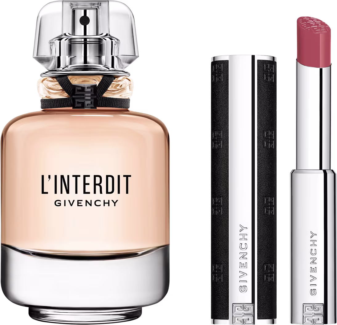Caixa branca com flores rosa e douradas, contendo um frasco de perfume Givenchy L'Interdit e um batom da mesma marca, em embalagem prateada.