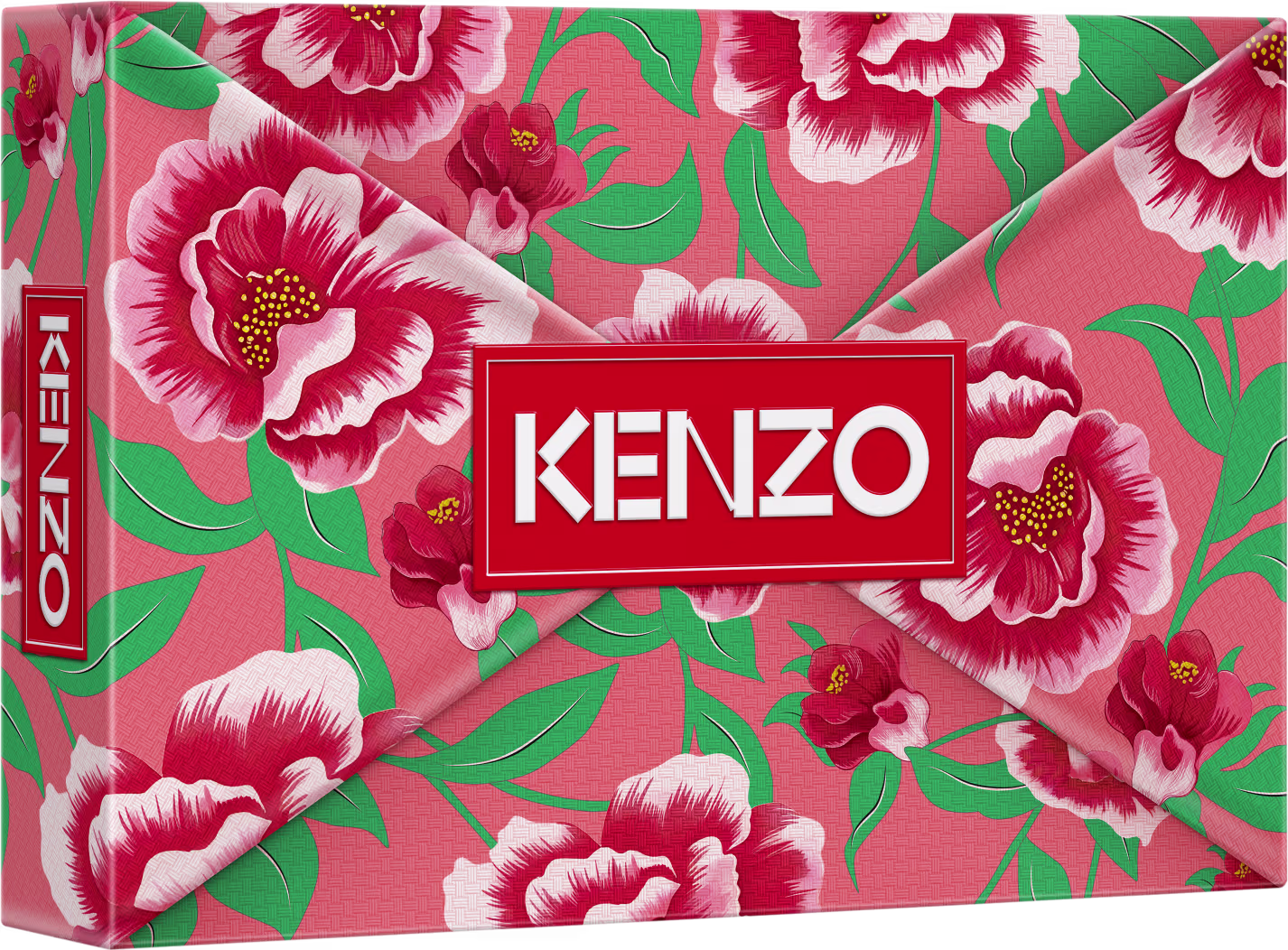 Caixa com flores vermelhas, rosas e verdes, contendo um conjunto de produtos da marca Kenzo, incluindo um frasco de perfume, um tubo de creme e uma embalagem menor.