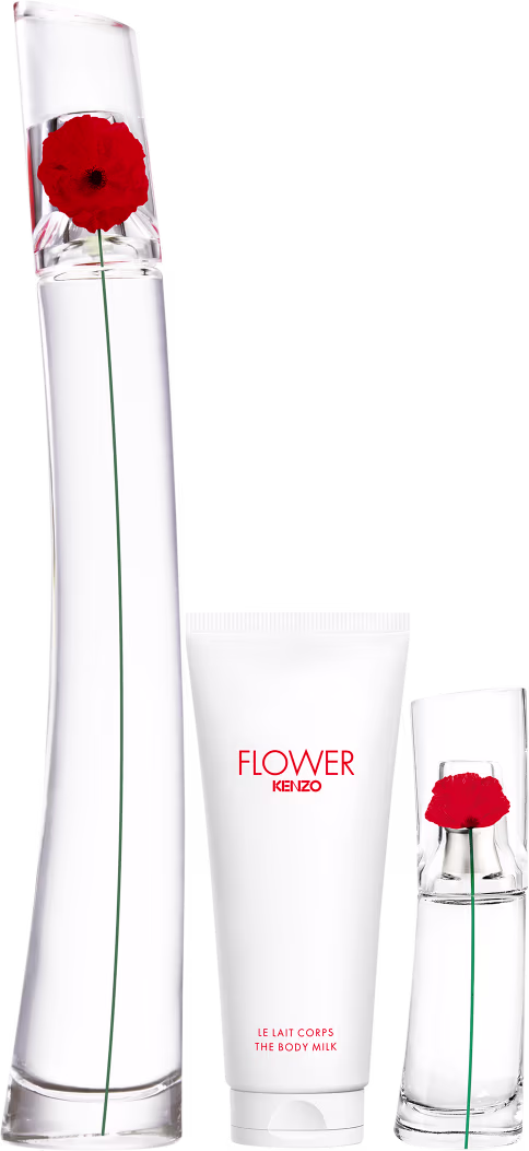 Conjunto de produtos de beleza da marca Kenzo, incluindo um frasco de perfume, um tubo de creme corporal e uma embalagem decorativa com estampa floral em tons de rosa, vermelho e verde.