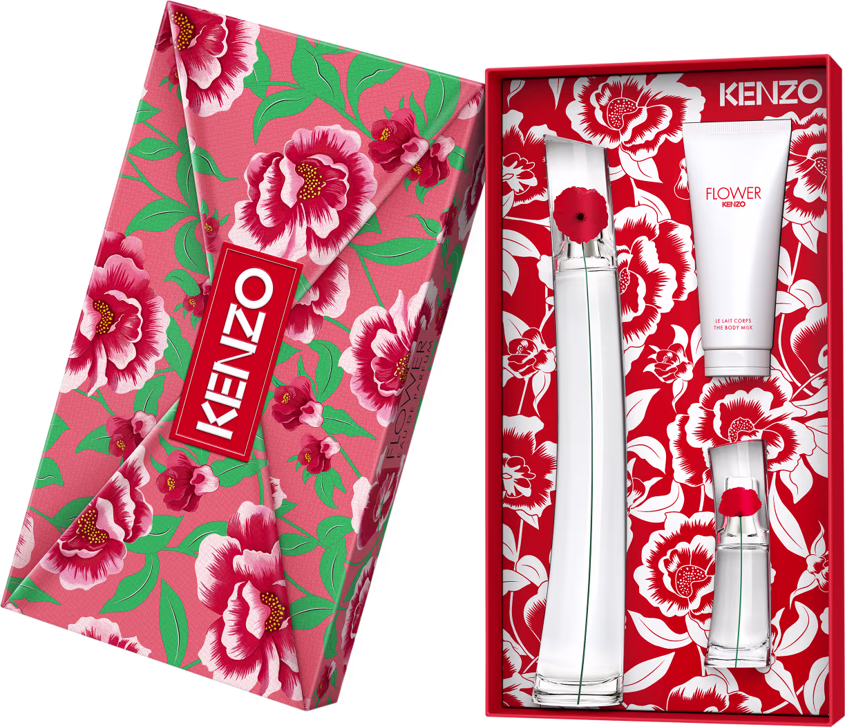 Conjunto de produtos de beleza da marca Kenzo, incluindo um frasco de perfume, um tubo de creme corporal e uma embalagem decorativa com estampa floral em tons de rosa, vermelho e verde.