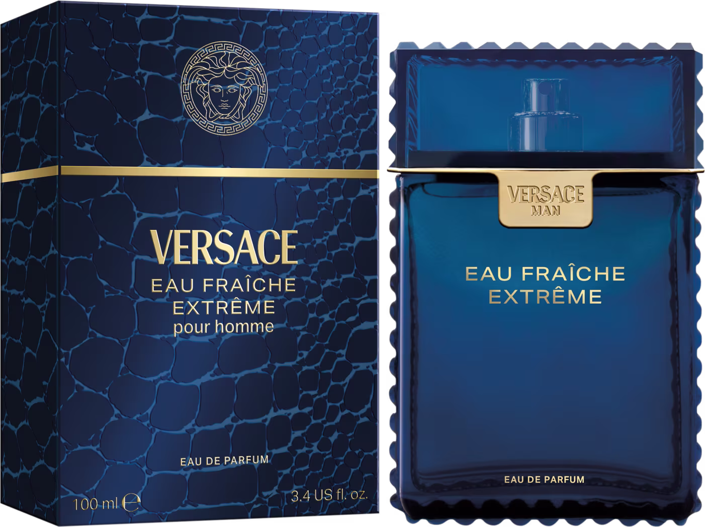 Frasco de perfume masculino Versace Eau Fraiche Extreme, com embalagem azul escura com detalhes dourados e logotipo da marca. O produto é apresentado em frasco retangular com tampa.