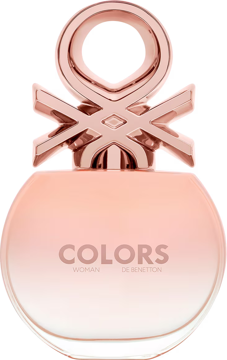 Frasco de perfume feminino da marca Colors de Benetton, com tampa em formato de estrela dourada, em fundo preto. O frasco possui uma forma arredondada e a embalagem apresenta o nome da fragrância em letras rosè.