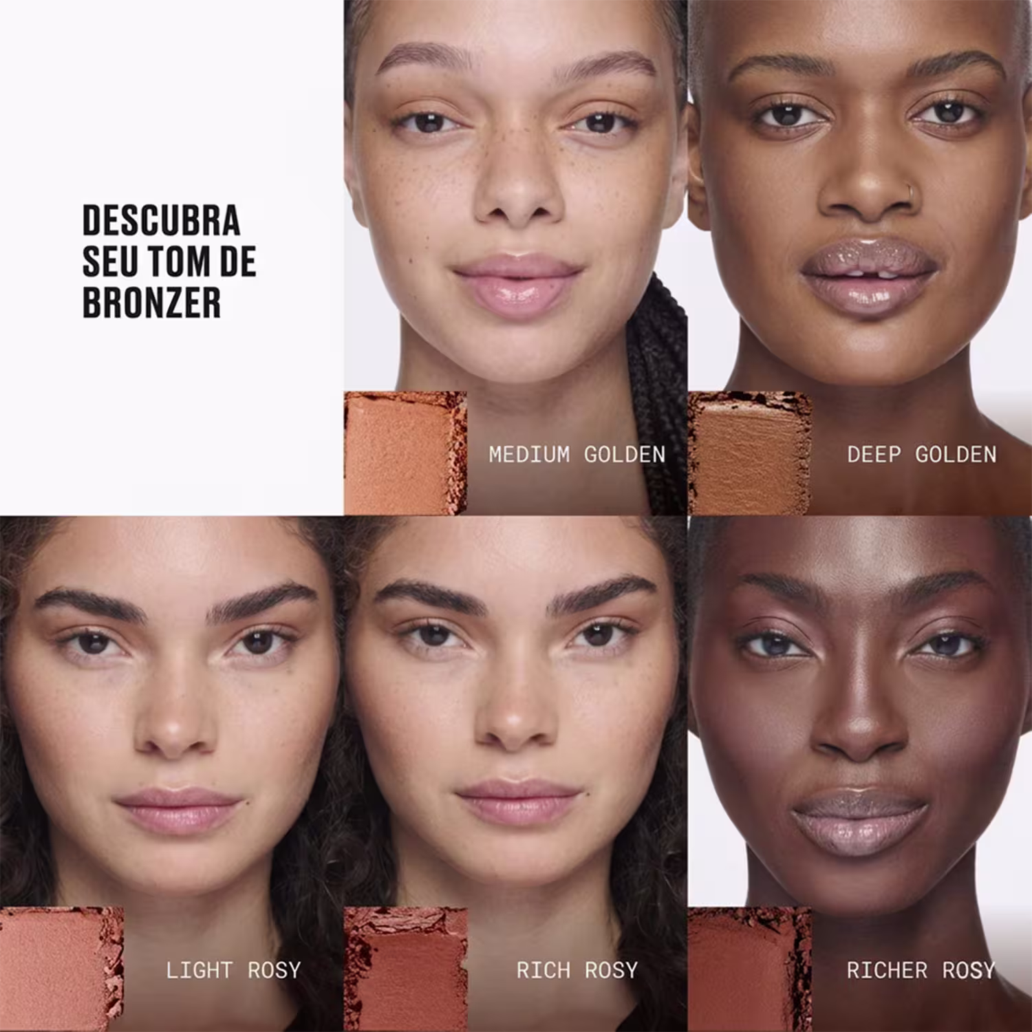 Com fundo branco, focado em demonstrar as diferentes tonalidades de pele e os produtos correspondentes.