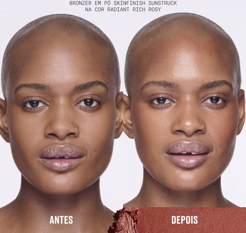 O anúncio apresenta um bronzer em pó da marca Skinfinish Sunstruck, na cor radiant rich rosy, com imagens antes e depois de sua aplicação no rosto de uma modelo. 