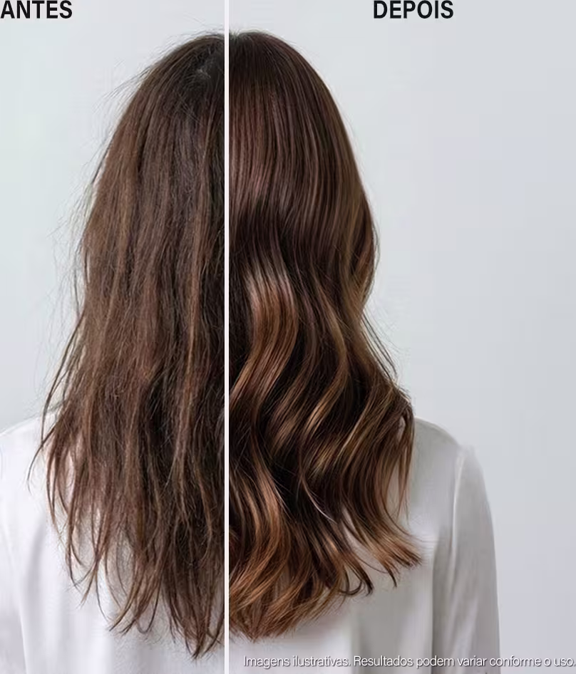 Imagem antes e depois de tratamento capilar com produto da marca Keune, mostrando a transformação do cabelo de opaco e ressecado para brilhante e saudável.