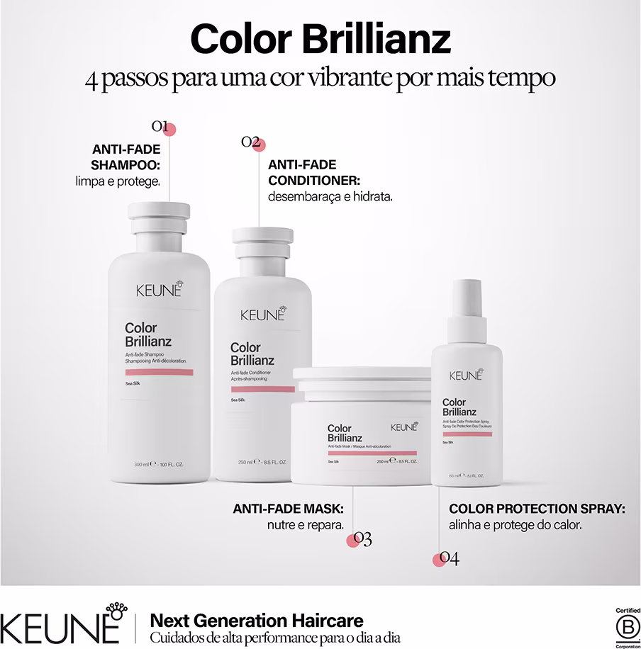 Produtos da linha Color Brillianz da Keune: shampoo, condicionador, máscara e spray de proteção da cor, em embalagens brancas com detalhes em laranja, apresentando informações sobre os benefícios de cada produto.