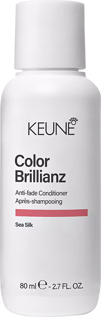Frasco branco de 80 ml da linha Color Brillianz da Keune, um condicionador para cabelos coloridos, com rótulo preto e laranja destacando o nome do produto e a tecnologia "Sea Silk".