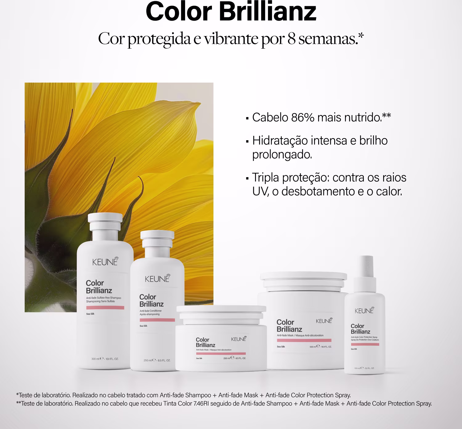 Linha de produtos Keune Color Brillianz, incluindo shampoo, condicionador, máscara e spray de proteção de cor, em embalagens brancas com detalhes em laranja, apresentando informações sobre os benefícios de cada produto.