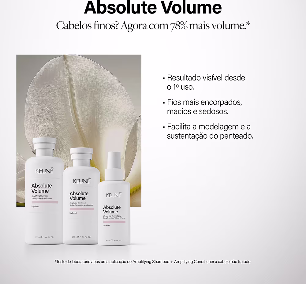 A linha Absolute Volume da Keune, com novos design e fórmula, inclui shampoo, condicionador e tratamento para cabelos. Os produtos são apresentados em embalagens brancas com o logotipo da marca.