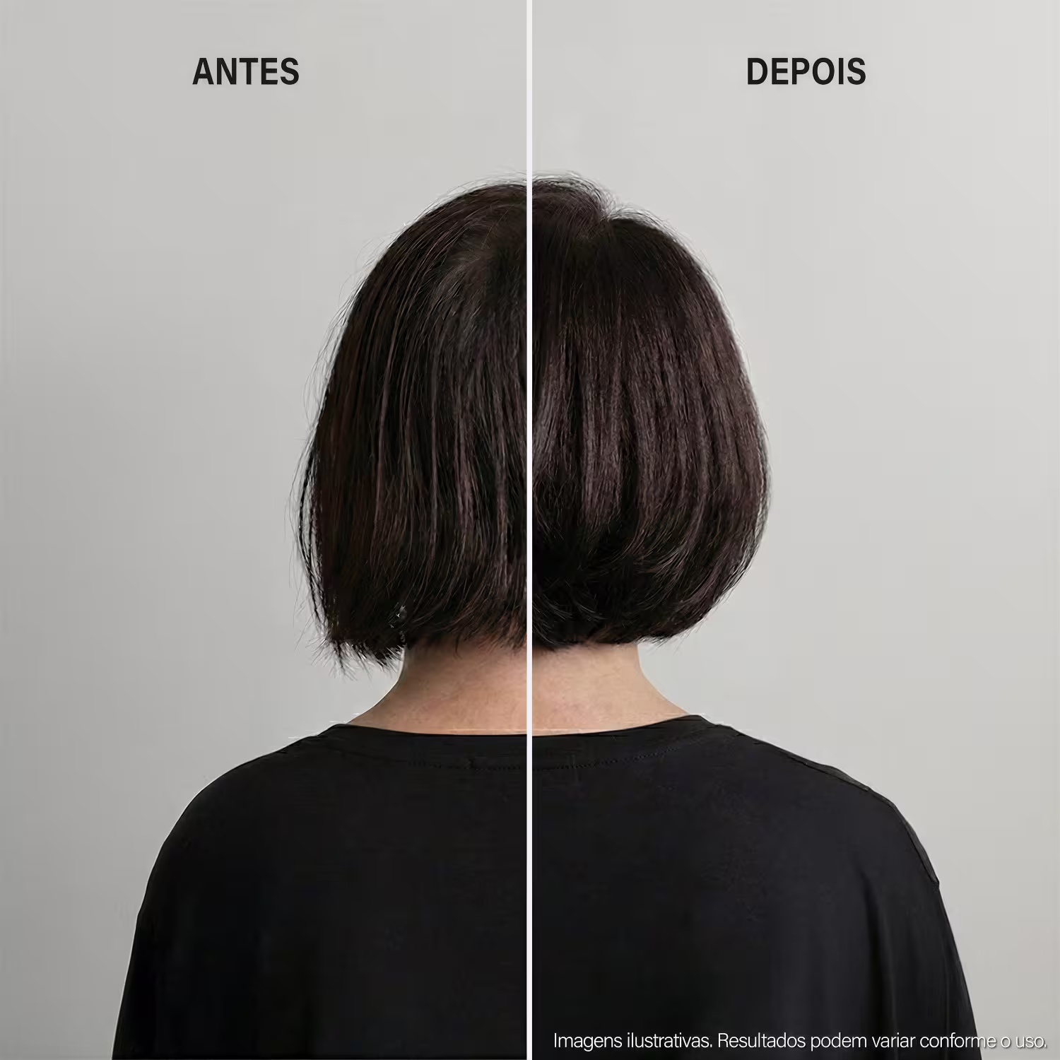 Imagem comparativa de antes e depois do uso de um produto de tratamento capilar da marca Keune, mostrando a melhora na aparência e textura dos cabelos.