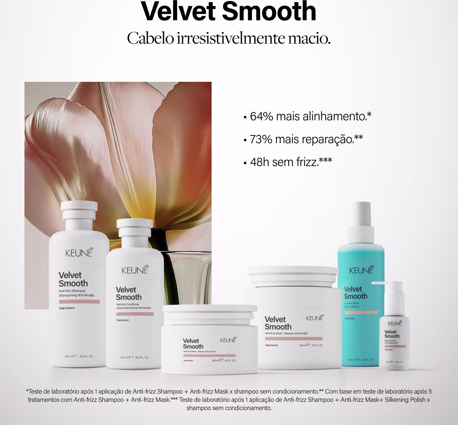 Linha de produtos Keune Keratin Smooth e Velvet Smooth, incluindo shampoo, condicionador, spray e tratamentos em embalagens brancas e azuis com logotipo da marca.