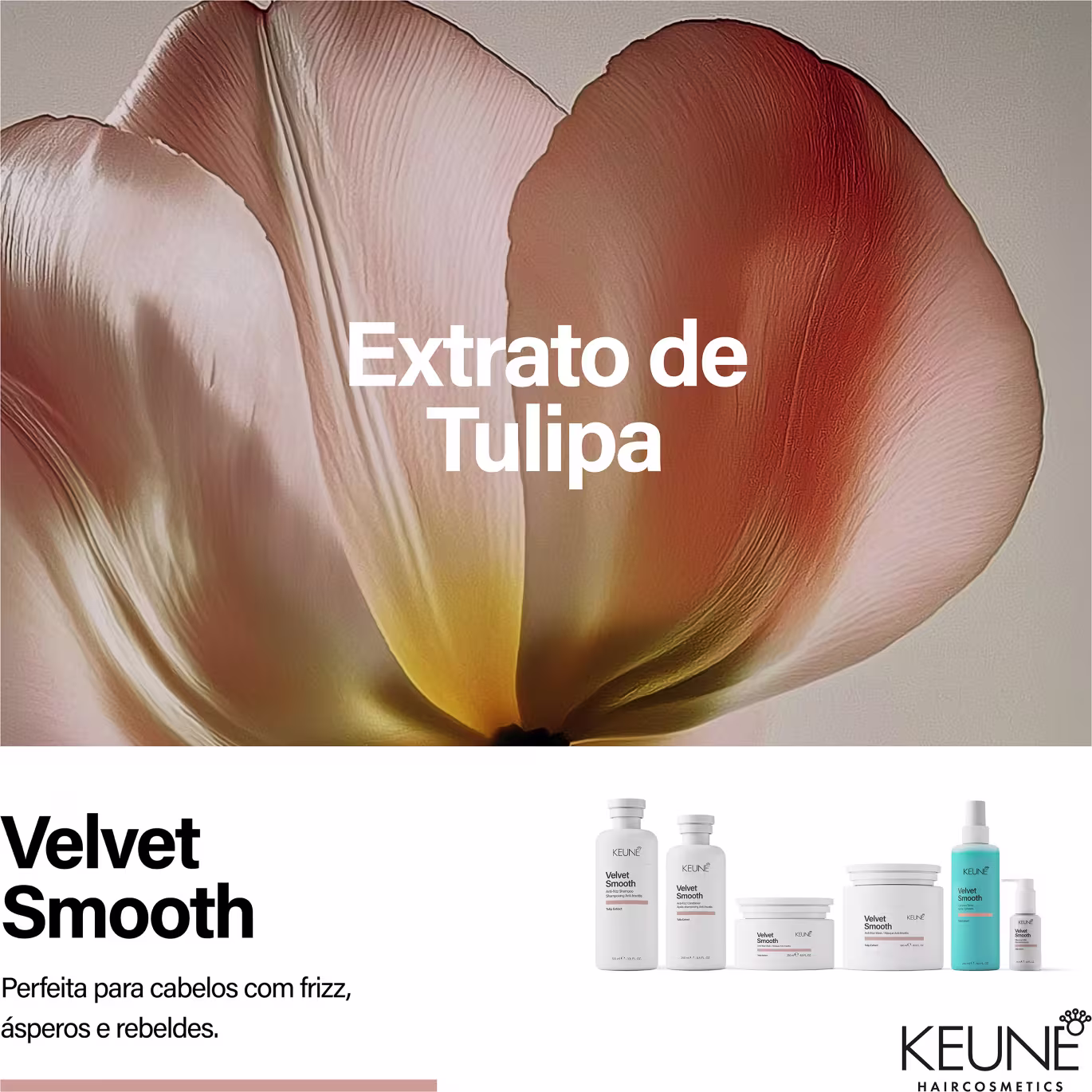 Linha de produtos Keune Velvet Smooth para cabelos, incluindo shampoo, condicionador, máscara, spray e polidor, em embalagens brancas com detalhes em azul e texto descritivo em inglês e português.