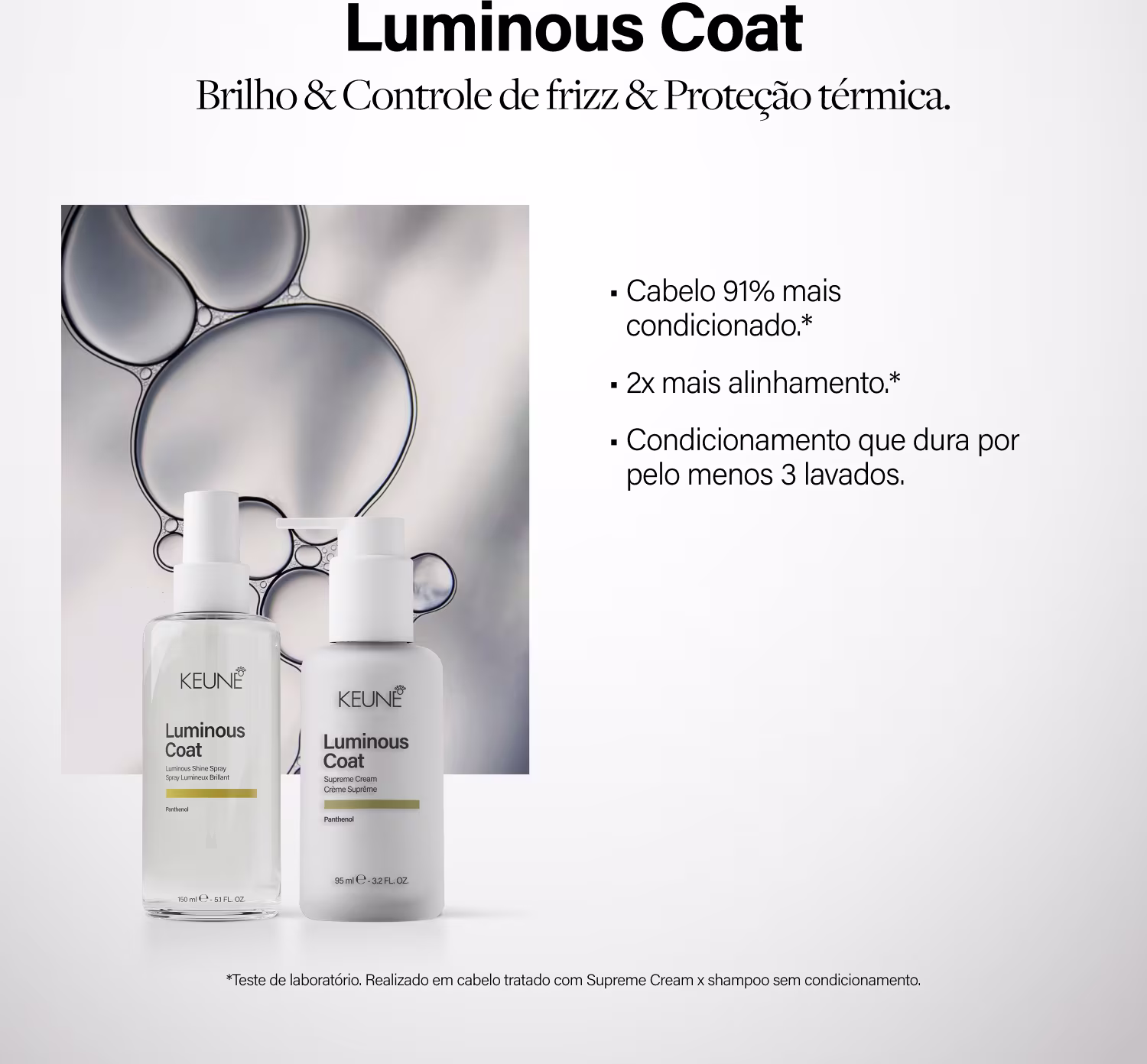 Keune Luminous Coat, um conjunto de produtos de tratamento capilar com embalagens brancas e detalhes em dourado. Inclui um spray luminoso para cabelos finos a médios e um creme supremo para cabelos normais a grossos.