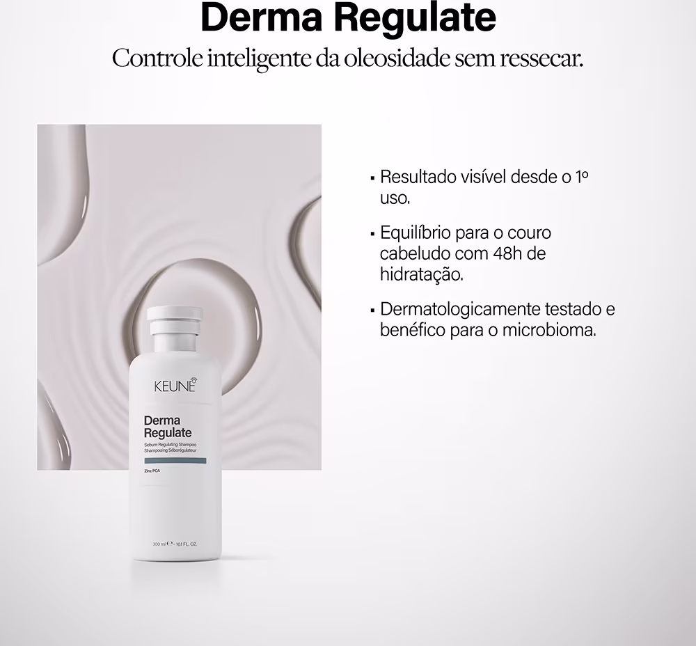 Frasco branco da linha Derma Regulate da Keune, com informações sobre o controle inteligente da oleosidade sem ressecar o cabelo e equilíbrio para o couro cabeludo por 48h.