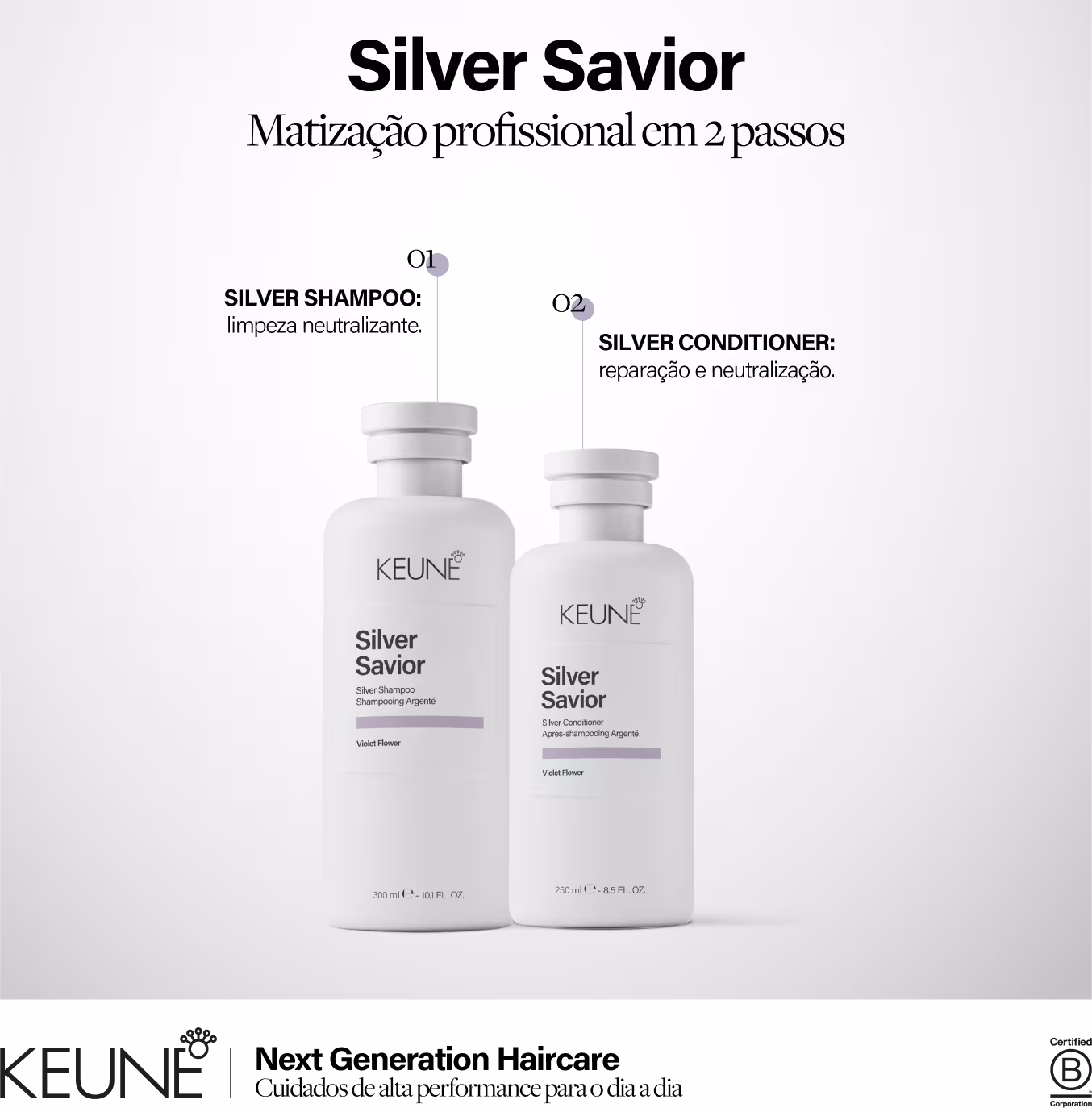 Dois frascos brancos da linha Silver Savior da Keune, um shampoo e um condicionador, com rótulos em branco e detalhes em roxo, apresentando uma matização profissional em 2 passos para cabelos.