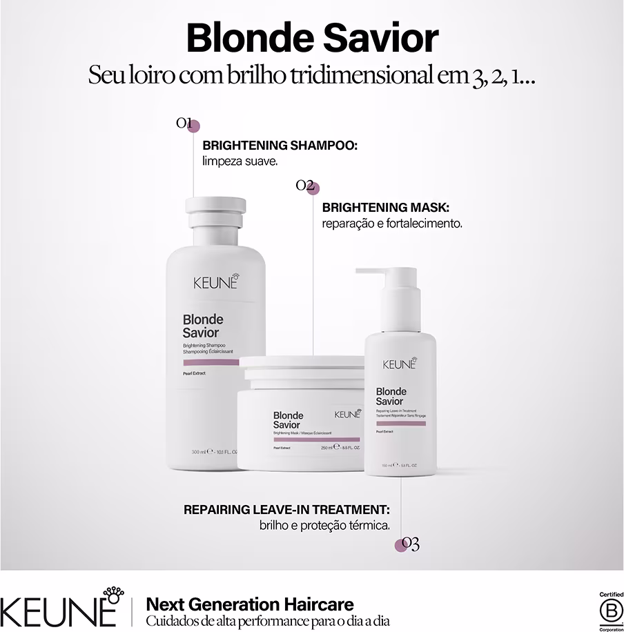 Produtos da linha Blonde Savior da Keune: shampoo, máscara e tratamento leave-in para cabelos loiros. Embalagens brancas com detalhes em roxo, destacando os benefícios de brilho, reparação e fortalecimento.