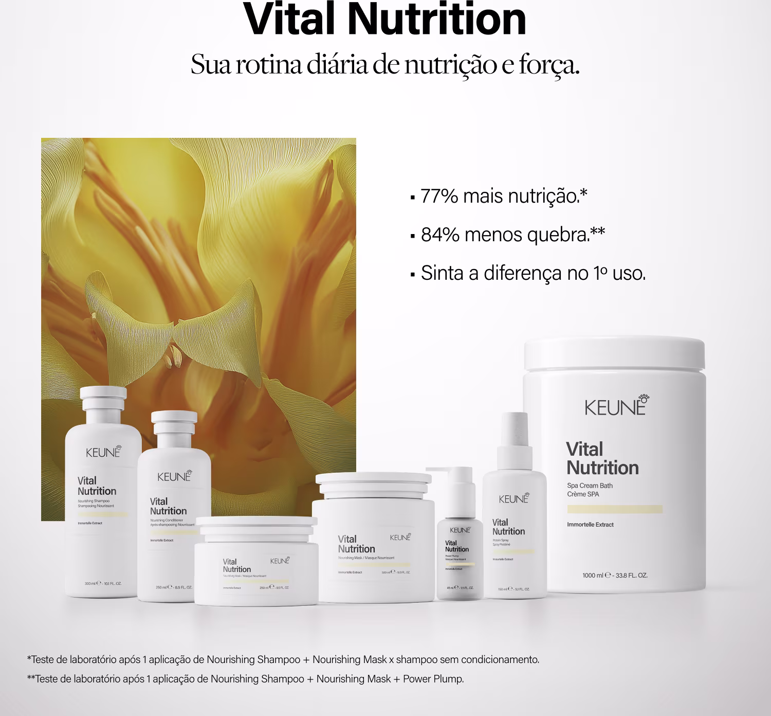 Linha de produtos Keune Vital Nutrition, incluindo shampoo, condicionador, máscara, spray de proteína e gel-creme. Embalagens brancas com detalhes em amarelo.